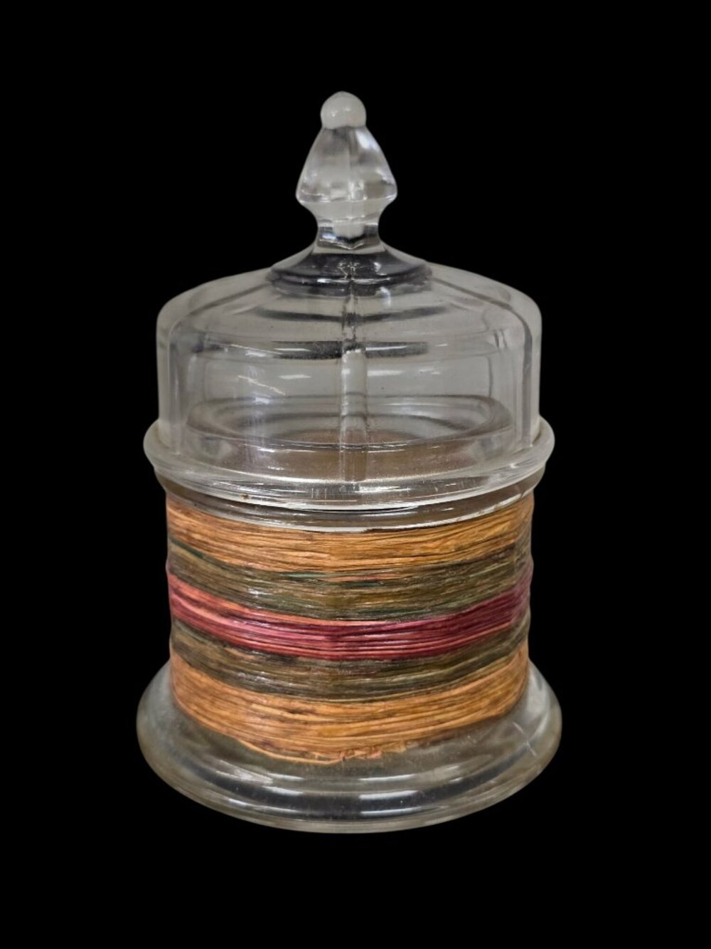 Vintage Glass Lidded Jar Wrapped Nylon Thread Art Retro Handmade Craft Decor